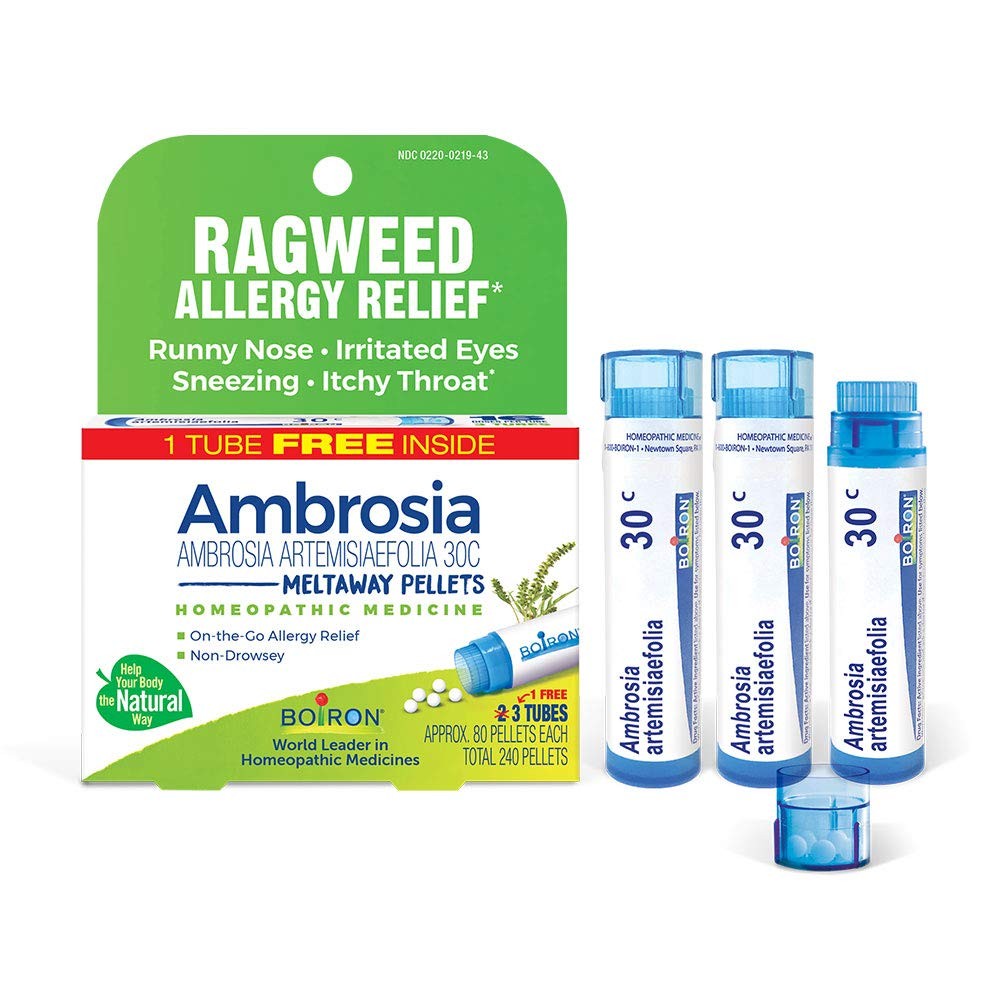 Boiron homeopathic allergy relief medicine bundle with Histaminum Hydrochloricum, featuring small bottles and packaging.