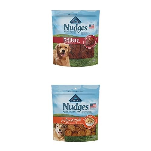 Blue Buffalo Nudges Grillers Natural Dog Treats Steak 36oz with Homestyle Natural D, showing the dog treats in a clear container.