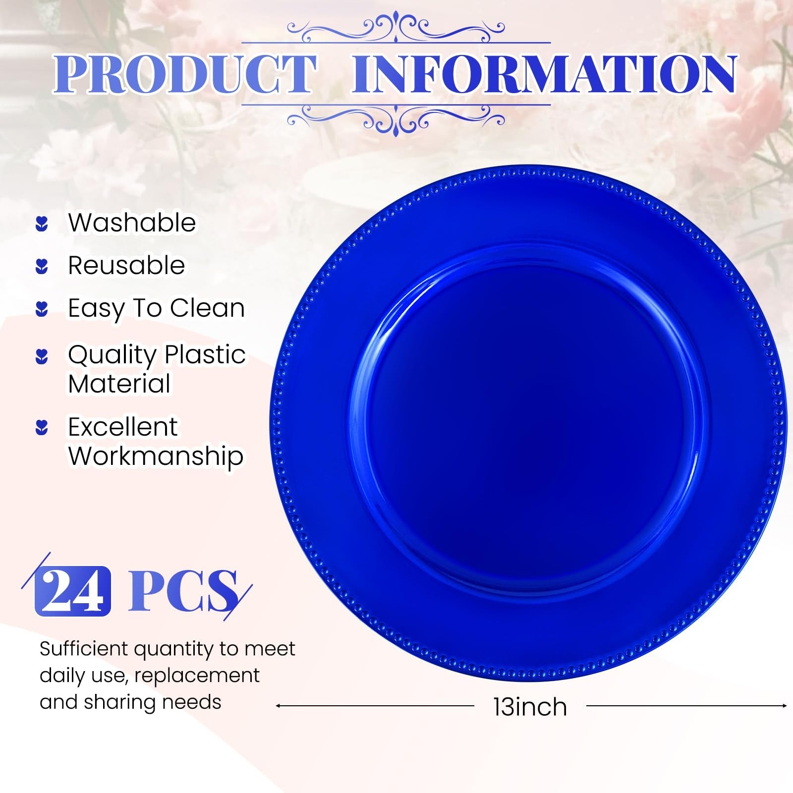Royal blue 13-inch beaded charger plates from REWOMC, set of 24 round dinner plate chargers for elegant table settings.