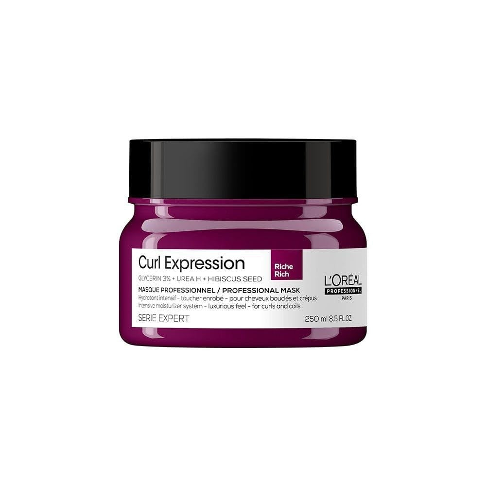 L'Oréal Professionnel Paris Curl Expression Rich Mask for curly and coily hair, shown in a jar with textured hair around it.