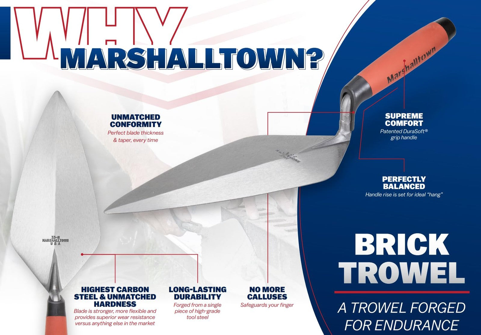 Marshalltown London Brick Trowel with wood handle, 11 x 4 7/8 inch masonry tool for bricklaying and mortar application