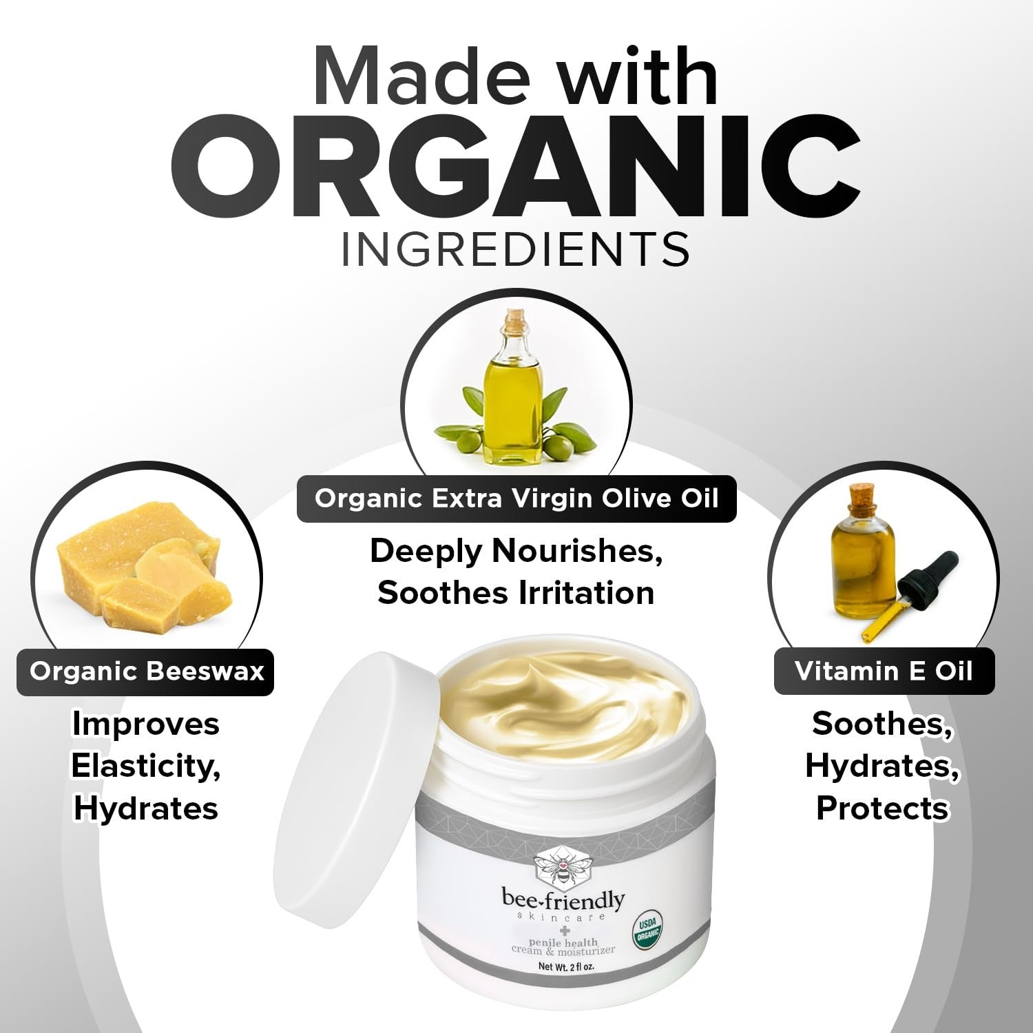 BeeFriendly Organic Penile Health Creme in 4oz container, USDA Certified natural moisturizer with smooth, creamy texture.