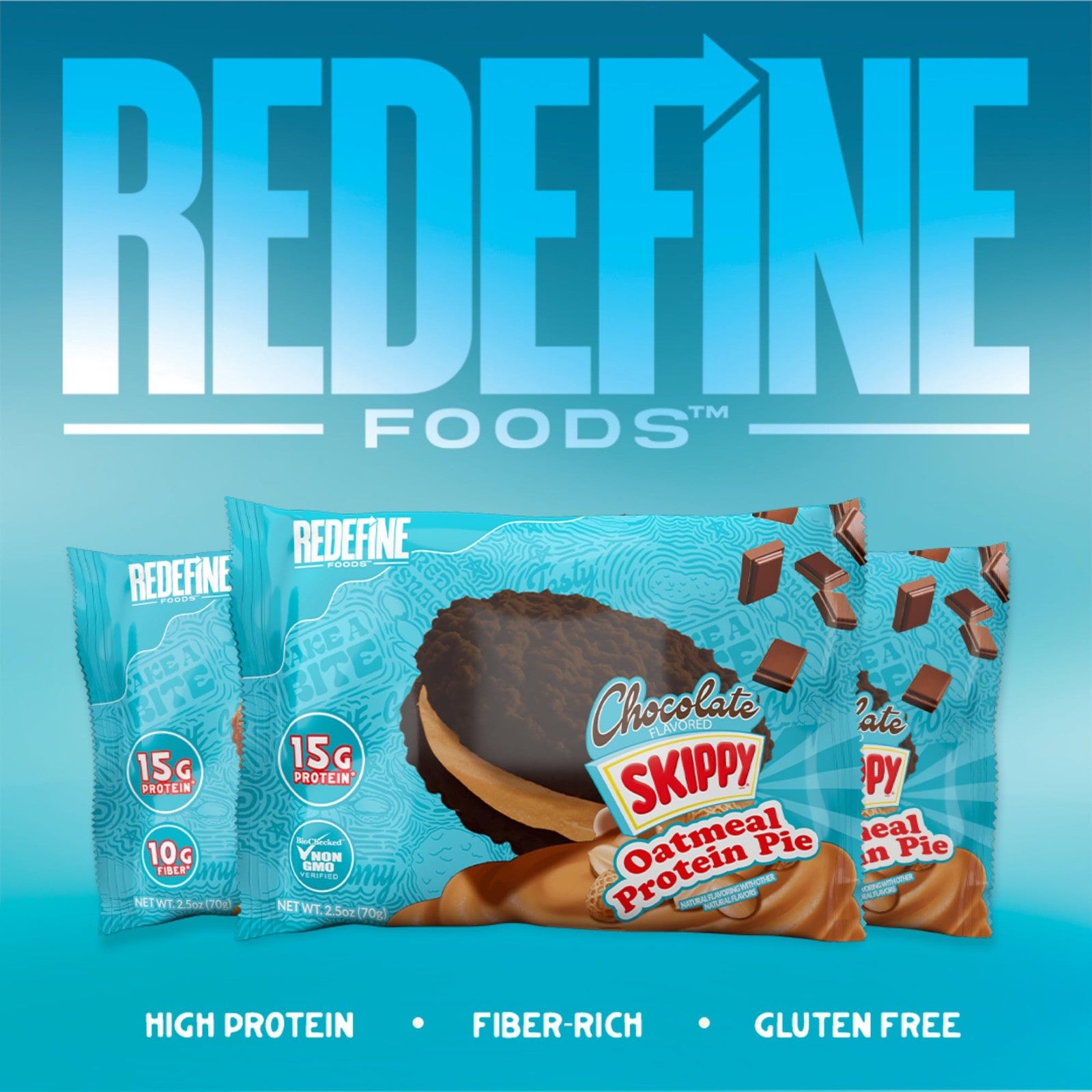 Redefine Foods Skippy Chocolate Oatmeal Protein Pie, 8-pack with 15g protein each, showing the snack bars with chocolate and oatmeal ingredients.