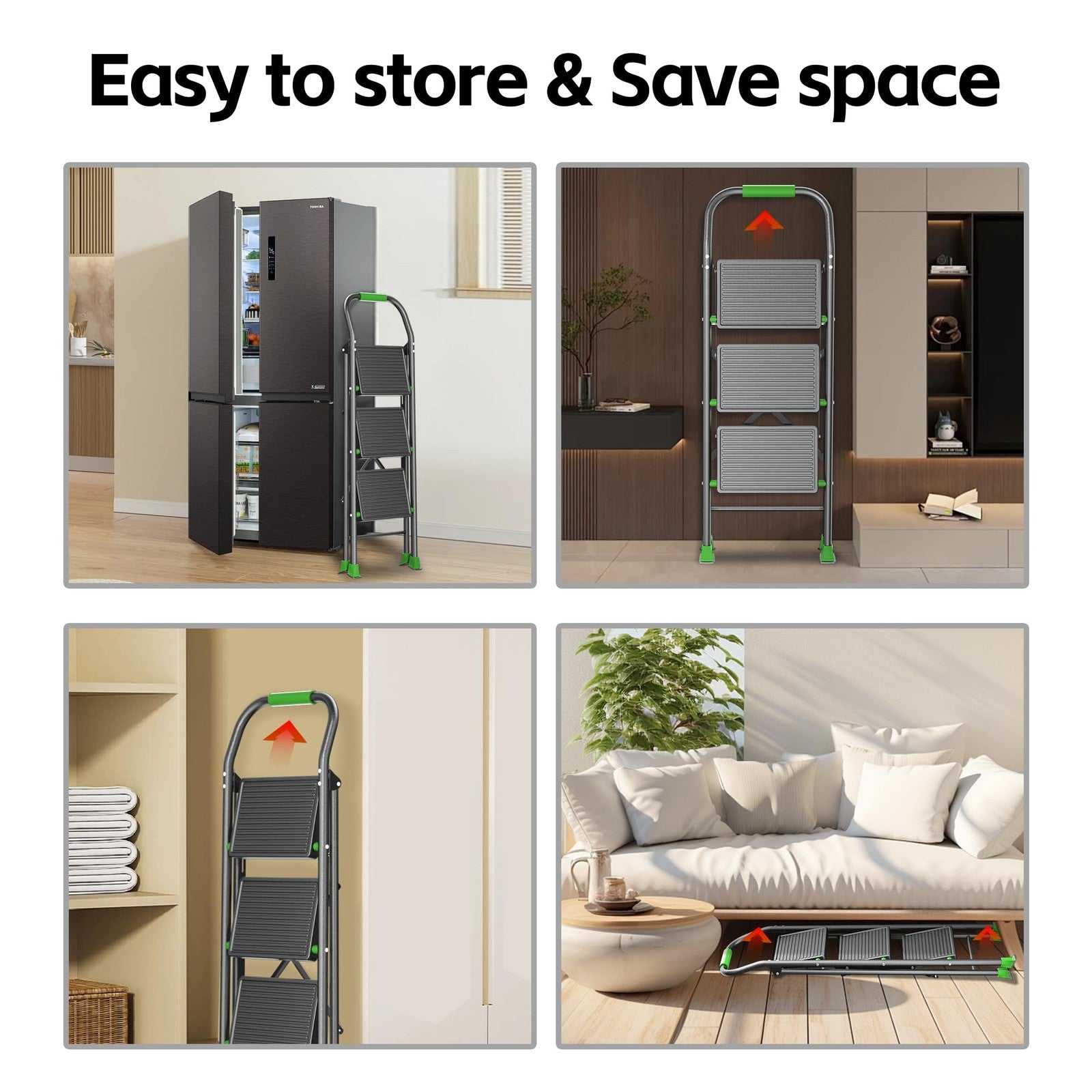 DiamondForge foldable step ladder and folding stool with three steps, suitable for home, kitchen, and adult use.