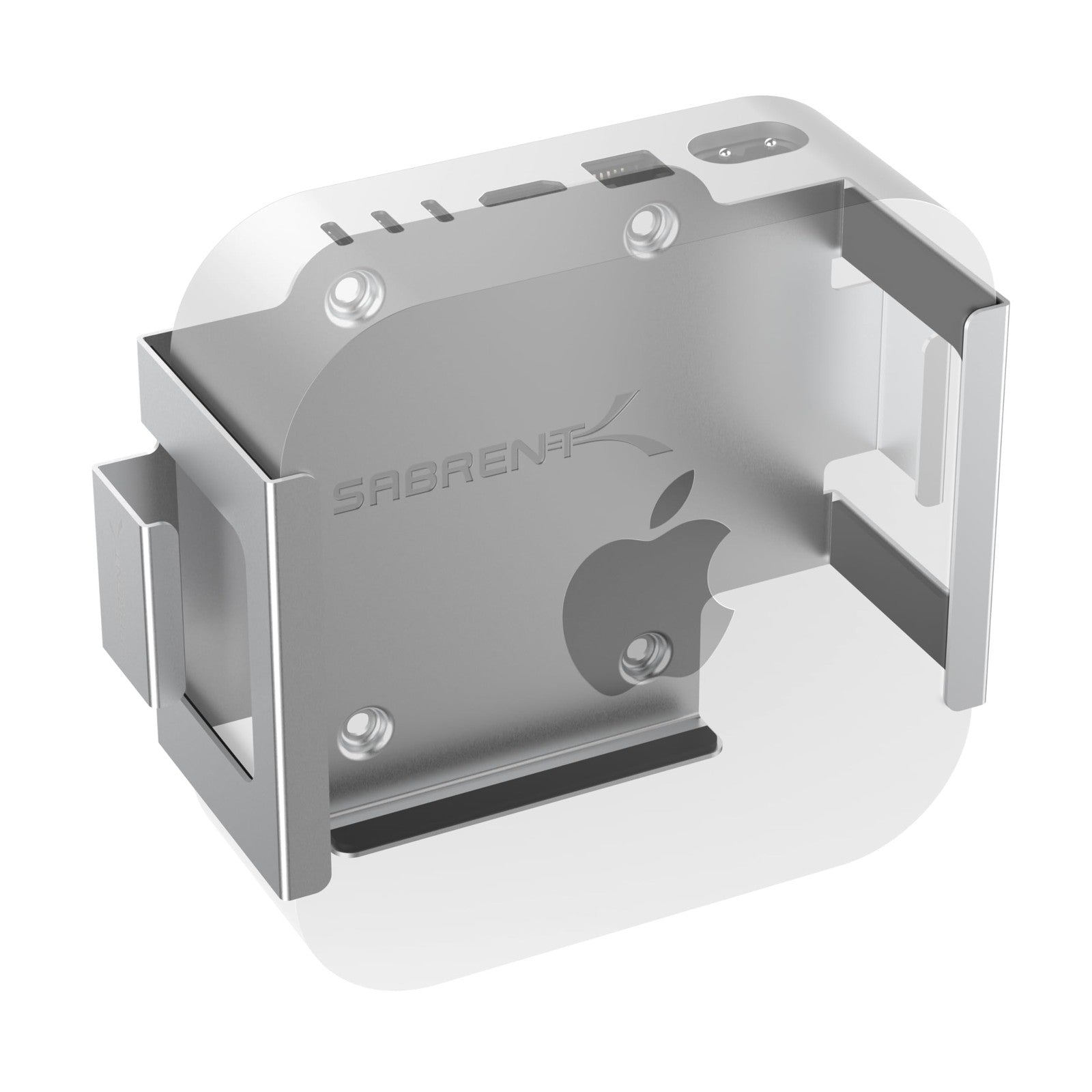 SABRENT Mac mini flex-mount in aluminum with scratch-resistant finish, designed for desk or wall mounting in 2024+ models