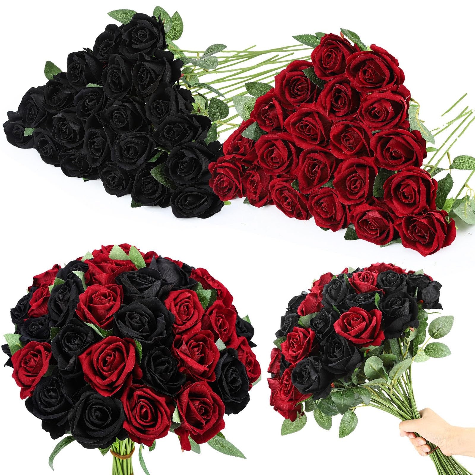Ovveroche 80-piece artificial silk roses in black and red, realistic silk flower bouquets for home decor or crafts.