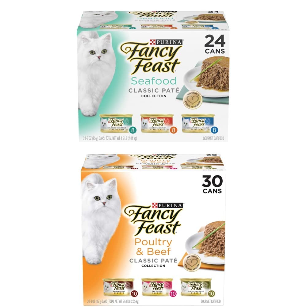 Purina Fancy Feast grain-free pate wet cat food variety pack with seafood flavors, featuring classic seafood pâté in individual cans.