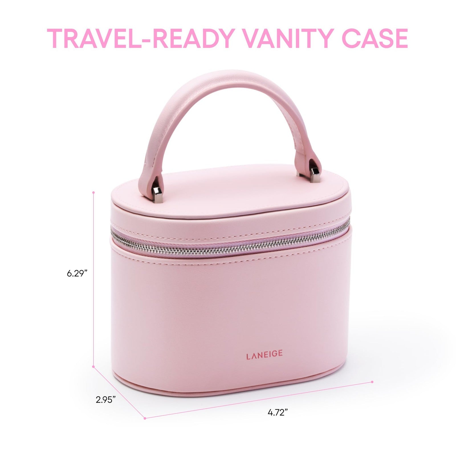 Pink LANEIGE vanity case and travel makeup storage bag with compact design and zipper closure, ideal for cosmetics and beauty essentials.