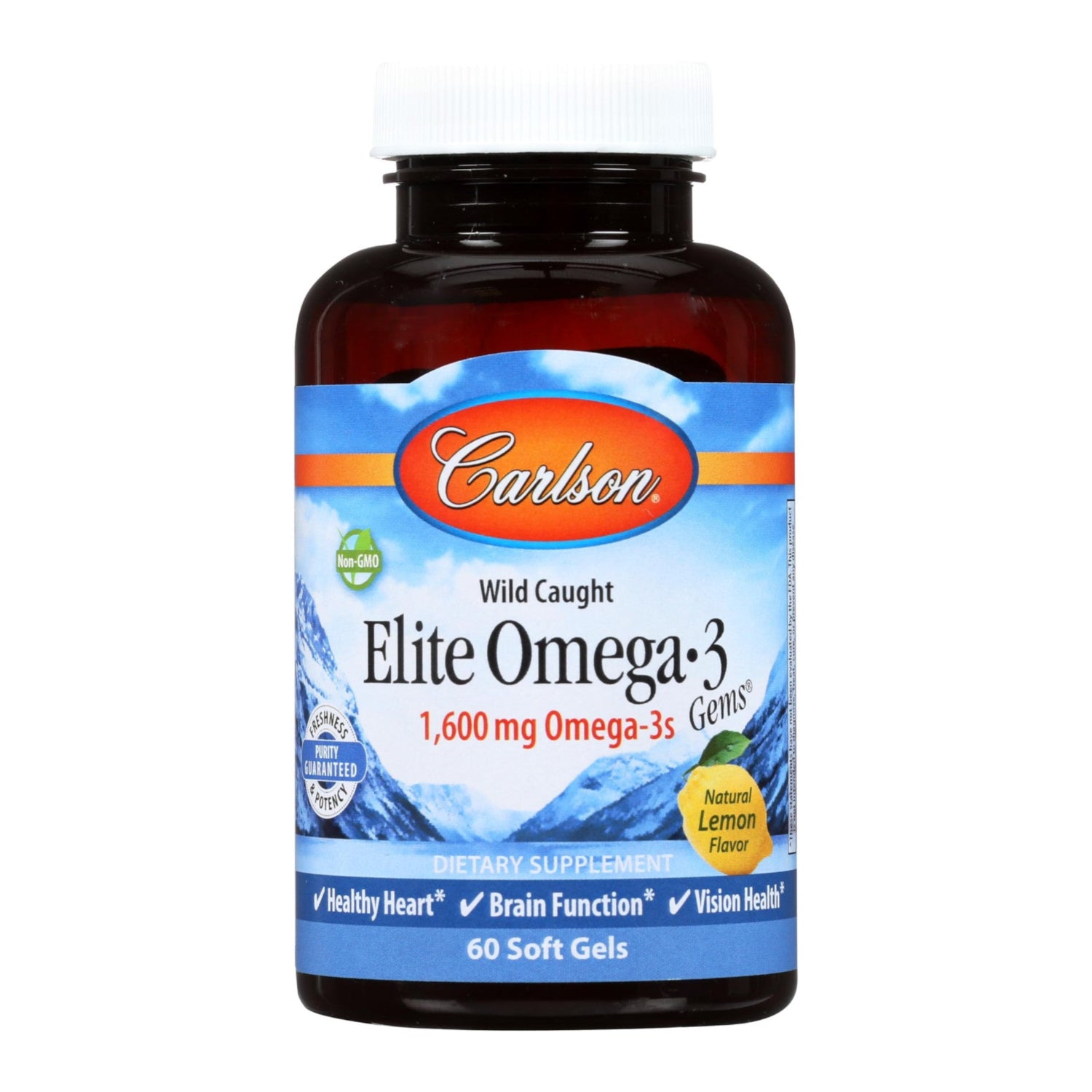 Carlson Labs Elite Omega-3 Gems Fish Oil softgels, 1250mg, 60 softgels bottle, showing the golden fish oil capsules.