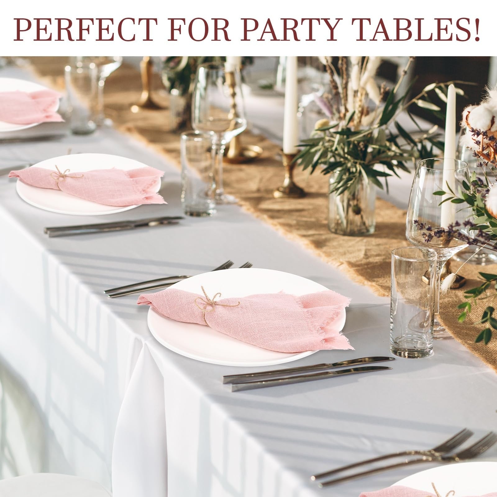 Set of 24 Preboun cotton fringe napkins, 17x17 inches, rustic reusable cloth table linens with soft, natural fringed edges.