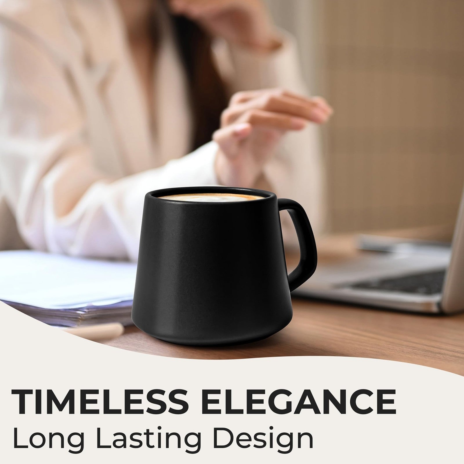 Set of four large MIAMIO ceramic coffee mugs in black, 14oz, microwave and dishwasher safe, with a sleek modern design.