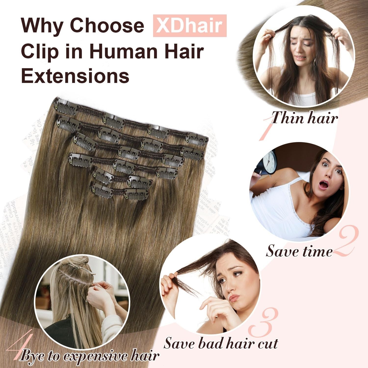 XDhair ash brown straight hair extensions, 14-inch real human hair clip-in extensions displayed laid out on a surface
