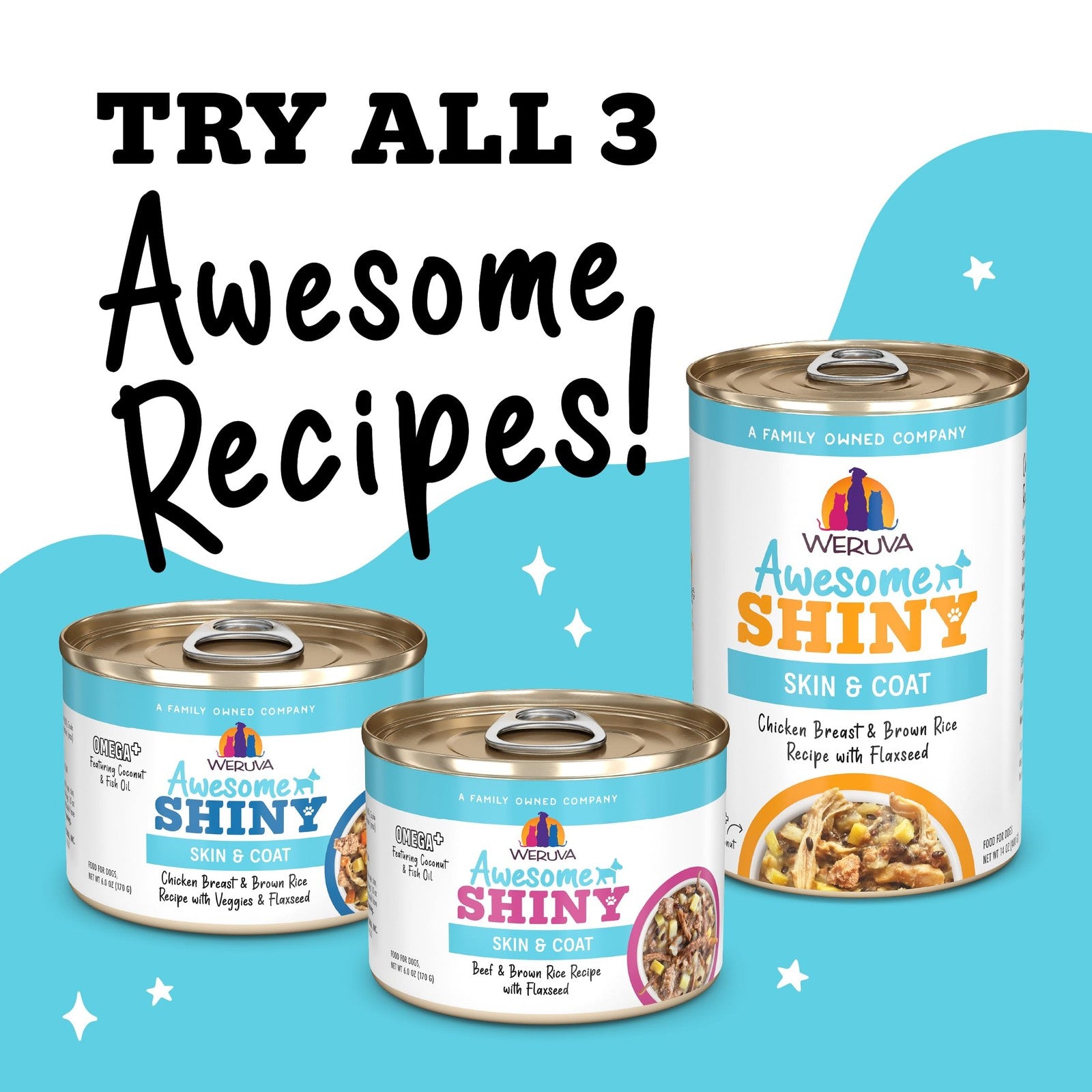 Weruva Awesome Shiny Wet Dog Food Coat Crusader variety pack with 14oz cans featuring colorful labels and dog food contents.