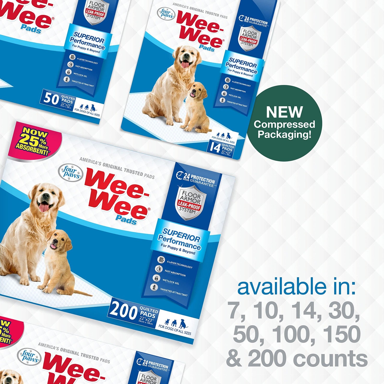 Four Paws Wee-Wee Superior Performance Unscented Dog and Puppy Pee Pads laid out on a surface for training or absorption.