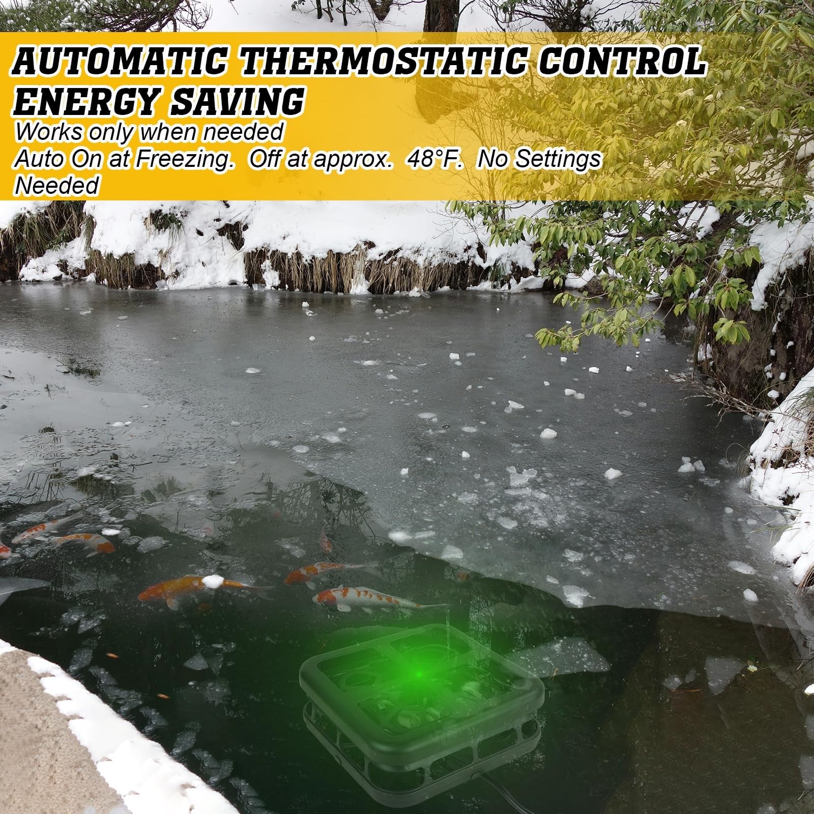 MAPOTAD 500W pond de-icer for outdoor ponds, winter fish survival solution, with control knob for temperature regulation.