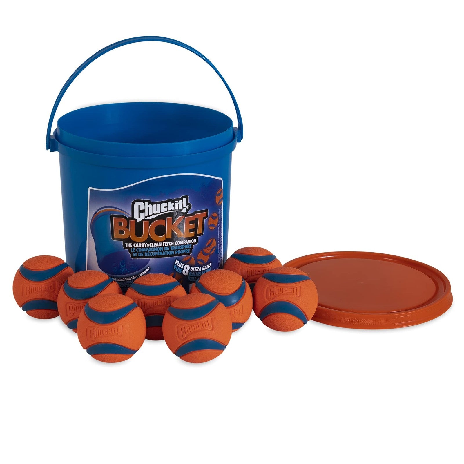 Medium Chuckit! Ultra Ball fetch toy pack for dogs showing 8 colorful rubber balls on a grassy surface.