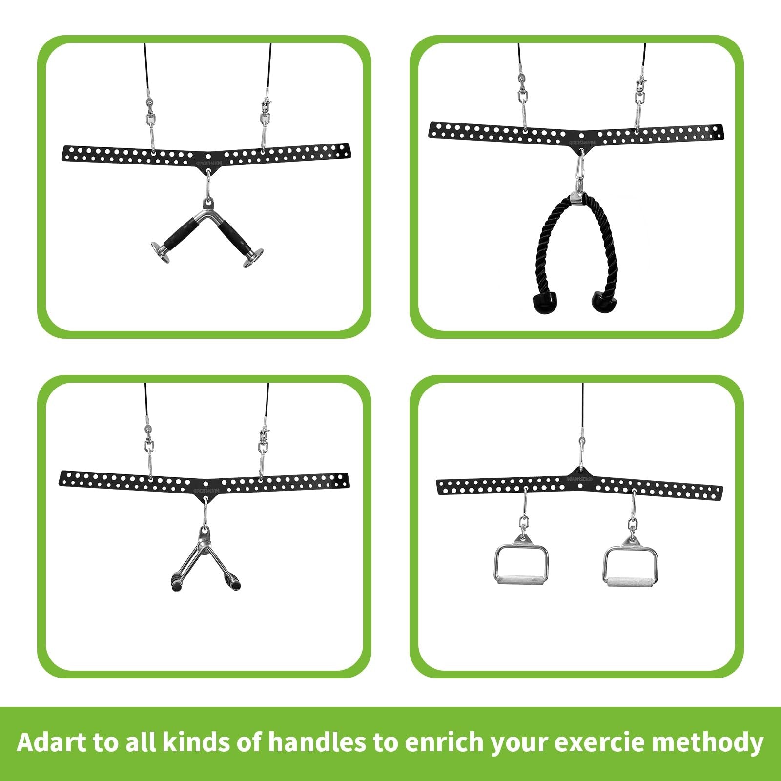 Wantiekid multi-grip LAT pull-down bar with 360° rotating adapter, 32-inch gym cable attachment for versatile strength training.