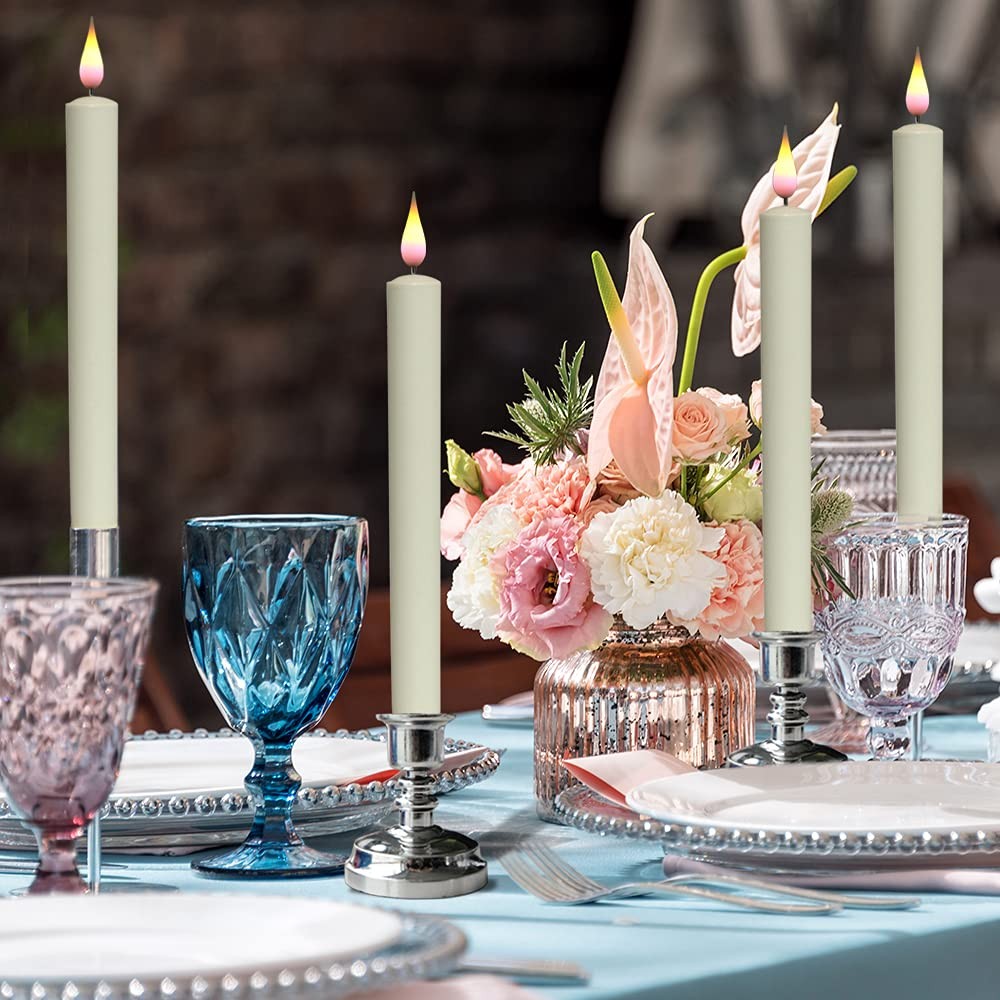 Wondise Ivory taper window candles with 3D wick, battery operated, remote control, and timer feature for ambient lighting.