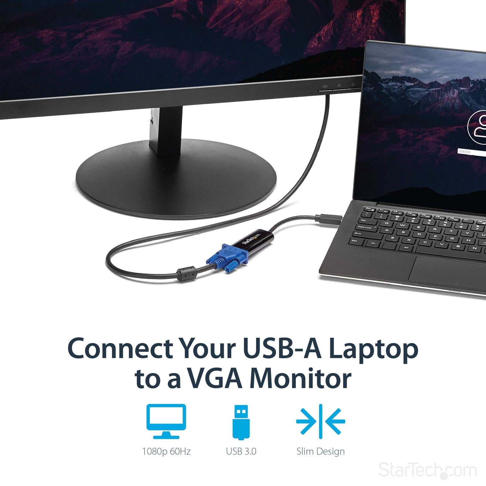 StarTech.com USB 3.0 to VGA adapter showing a compact black device connected to a Windows computer with a VGA monitor.