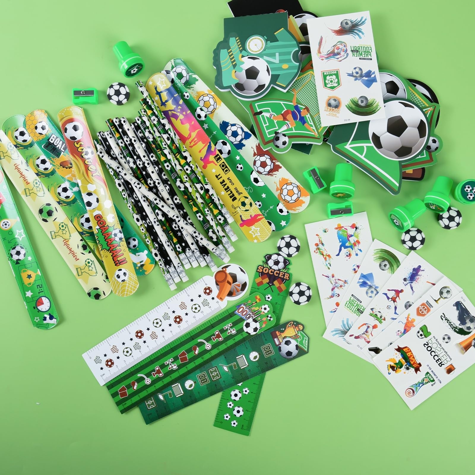 Ulema 216-piece soccer-themed stationery set with soccer ball designs, ideal as birthday gifts and team goodie supplies.