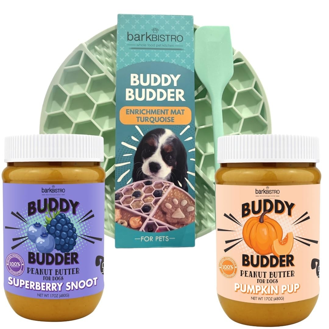 BUDDY BUDDER Superberry Snoot and Pumpkin Pup Blue dog enrichment mat combo with colorful, textured dog toys and mats.