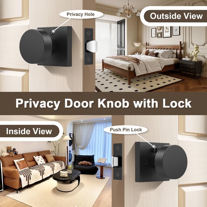Probrico black interior privacy door knob with handle for bedroom and bathroom doors, featuring a sleek, modern design.