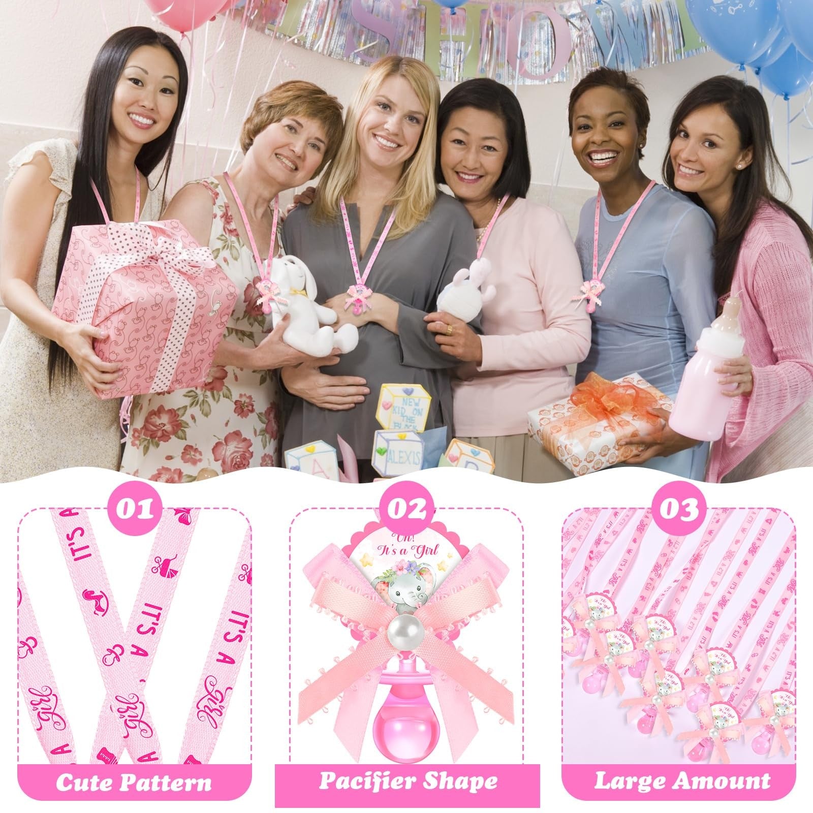 Remuuly 60 Pink Elephant acrylic pacifier necklace for babies, featuring a pink elephant pendant, ideal as baby shower party favor.