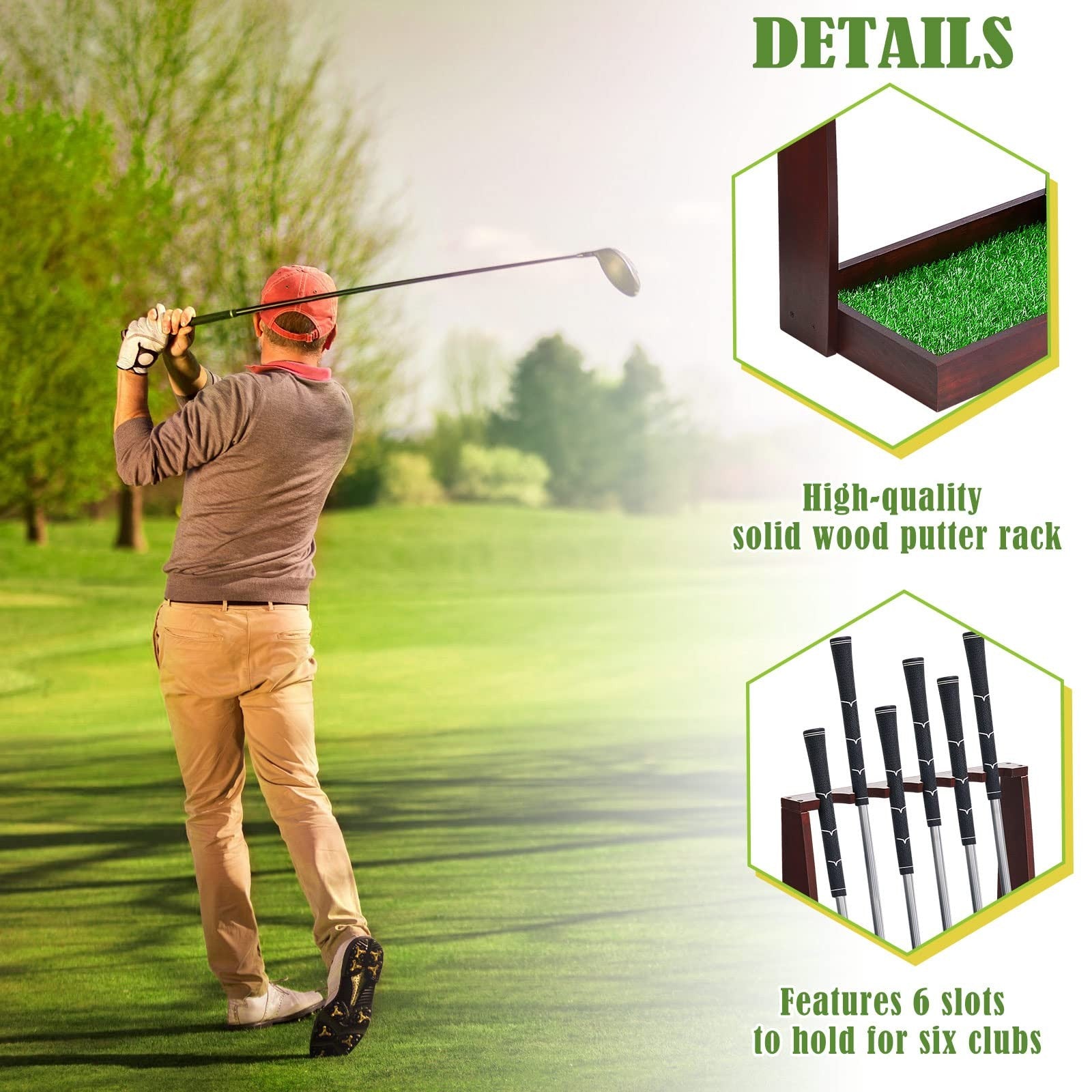 Lenwen wooden golf club holder stand with space for six clubs, designed to organize and display golf putters and clubs.
