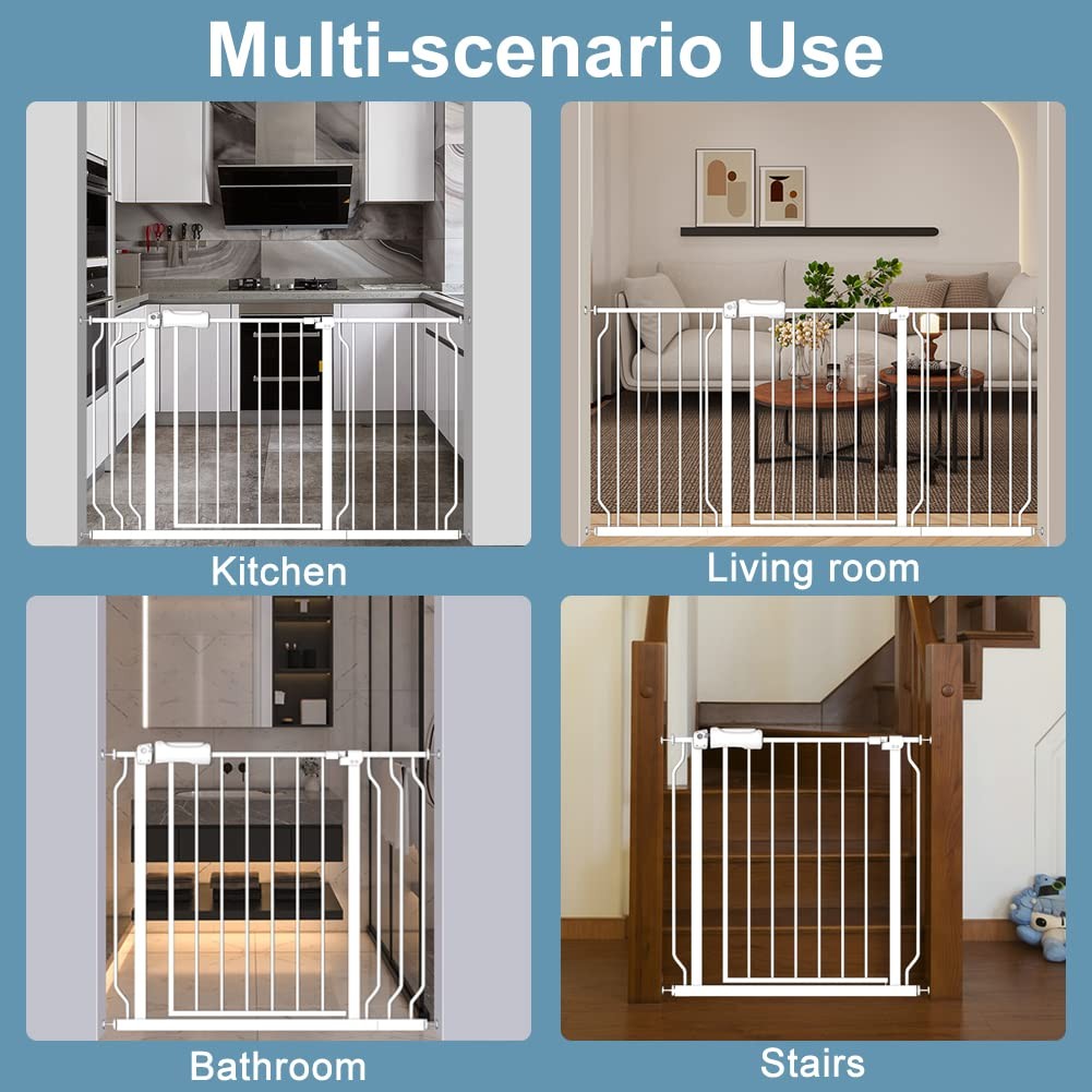 Flower Frail Extra Wide Baby Gate extension showing pressure-mounted design for 34-38.5 inch doors, with safety latch and white finish.