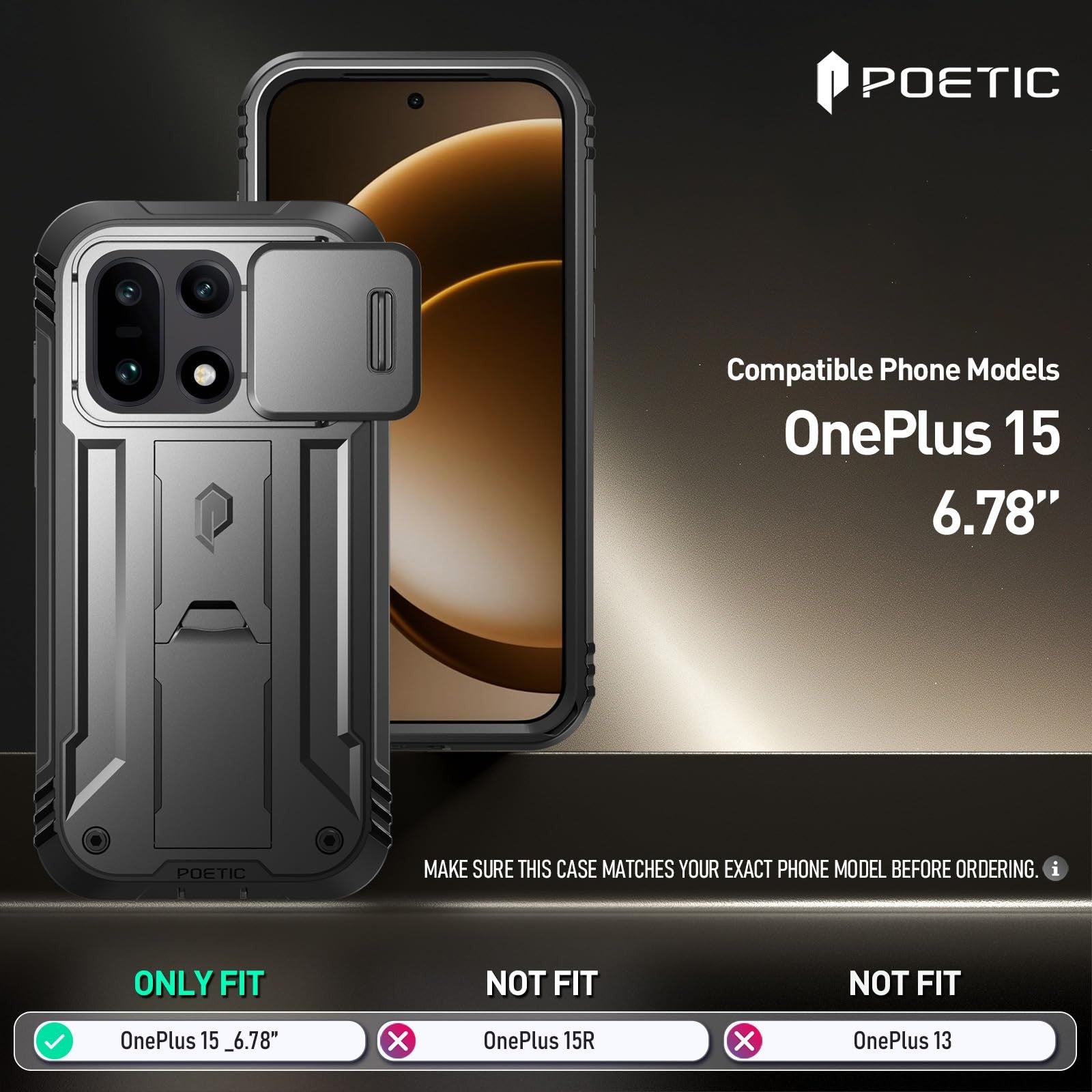 Poetic Revolution case for OnePlus 15 5G with slide camera cover and two tempered glass screen protectors on a white background.