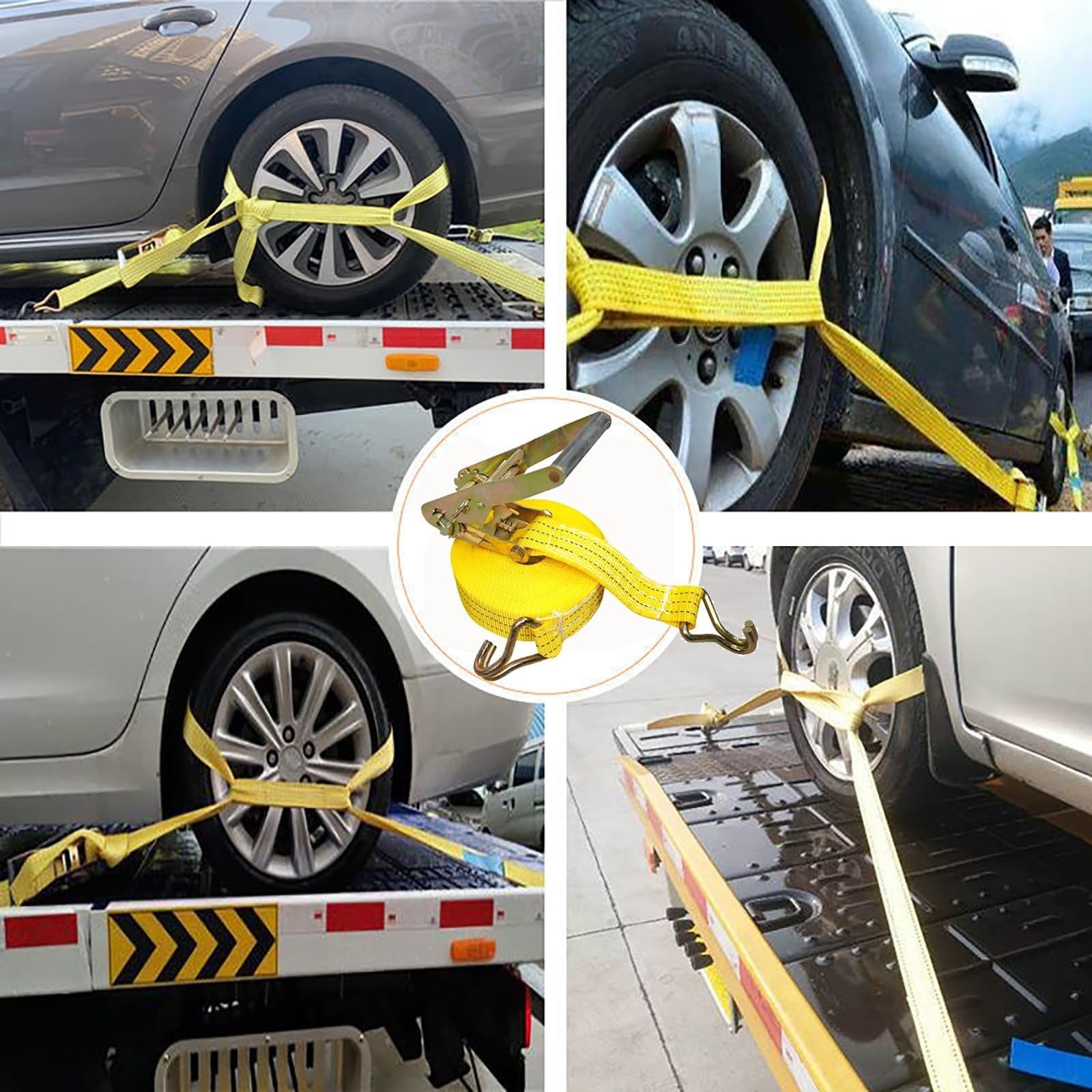 Heavy duty MNMAJE ratchet strap with 2-inch width and 8000 lbs break strength, shown in a secured tie-down position.
