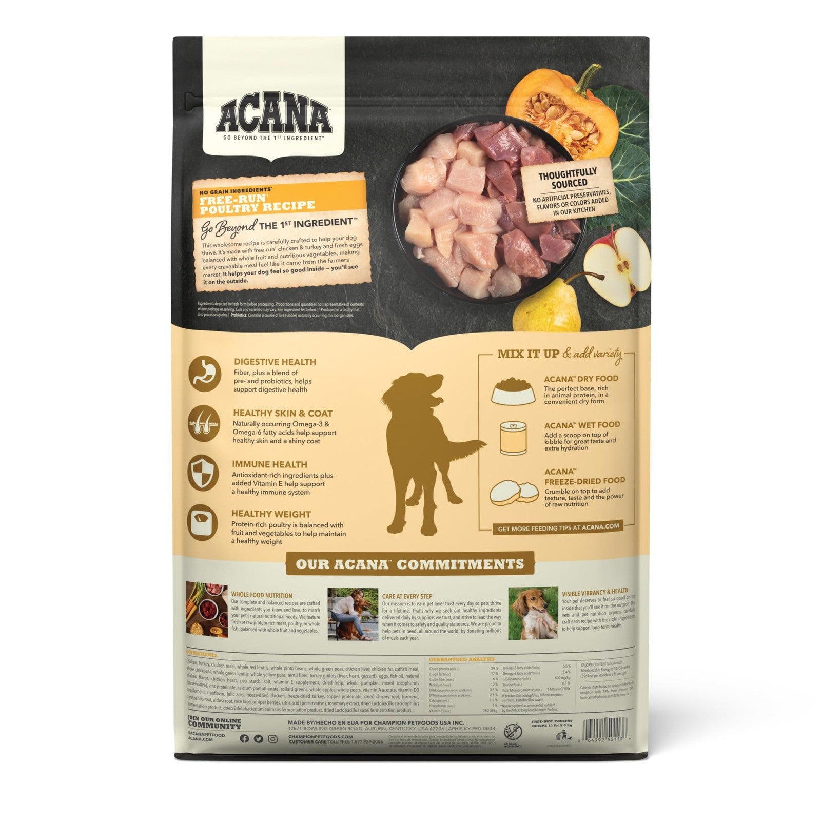 ACANA Grain Free Dry Dog Food bag featuring Free Run Poultry Recipe, 13-pound size, with images of dog food and poultry ingredients.