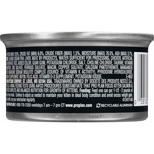 Cans of Purina Pro Plan wet kitten food with salmon and ocean fish pate, 24-pack, 3 oz each, ideal for young cats.