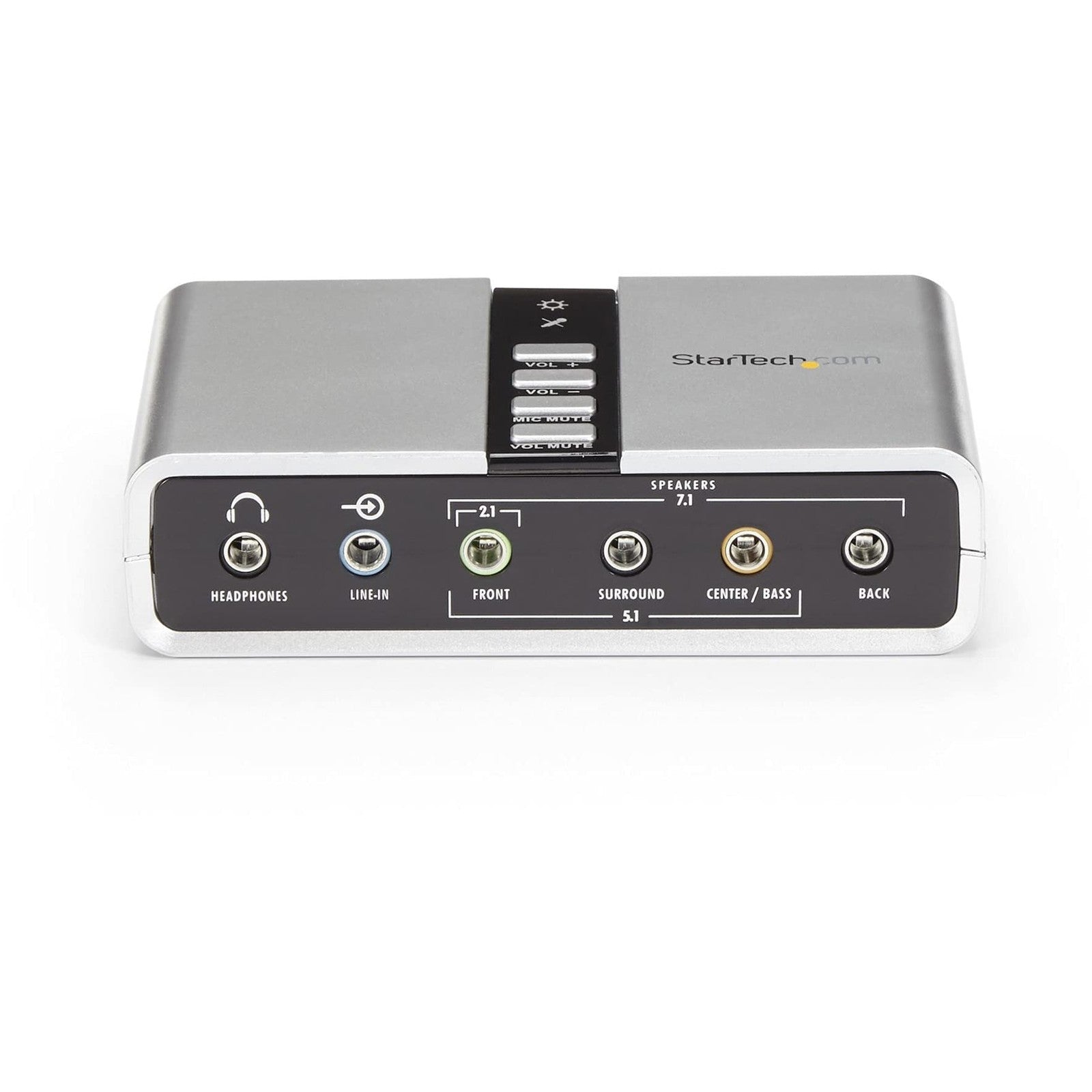 StarTech.com 7.1 USB sound card external audio interface with SPDIF digital output, connected to a laptop in the image.