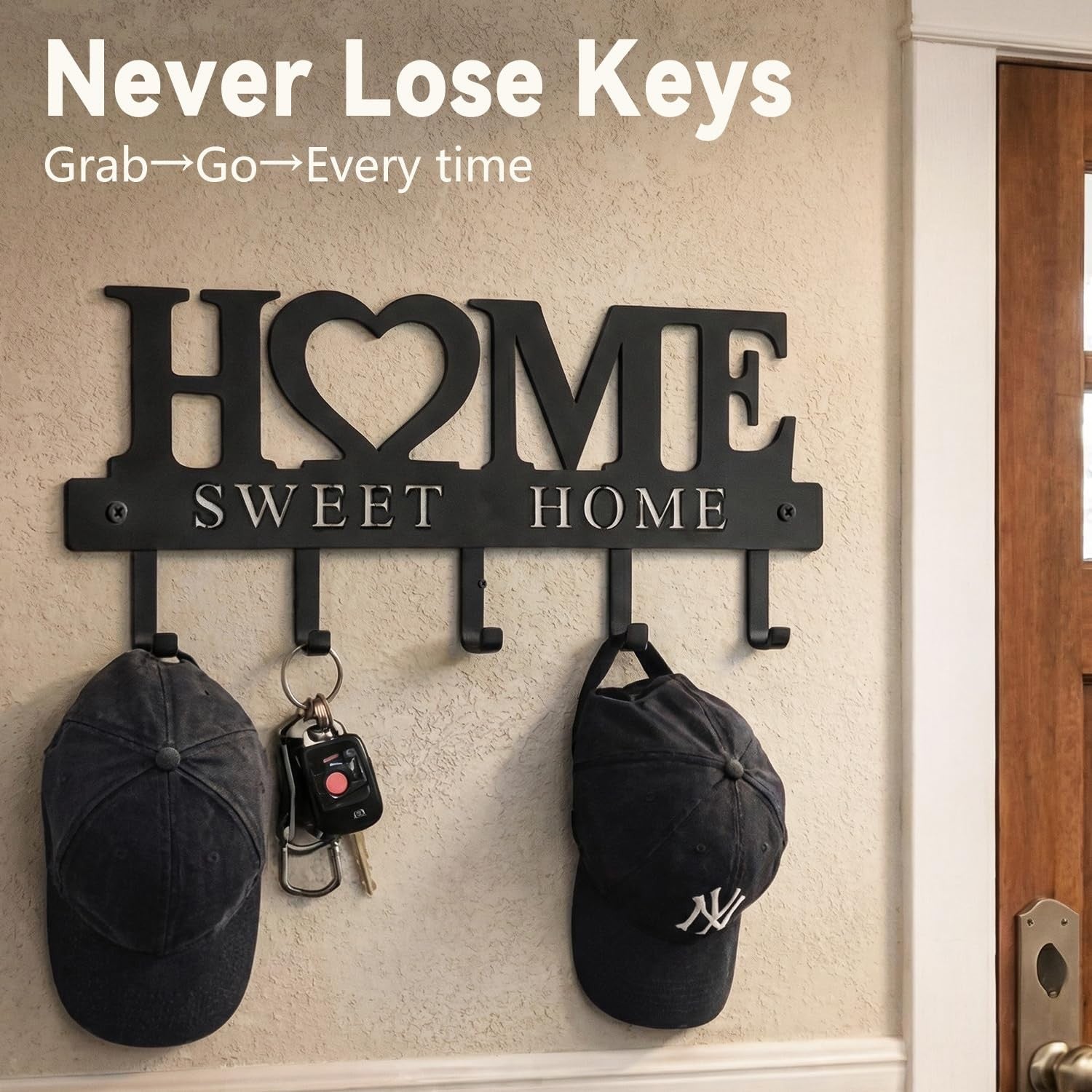 WIPHANY metal entryway wall key holder with 5 hooks for organizing keys and small items, wall-mounted home organization rack
