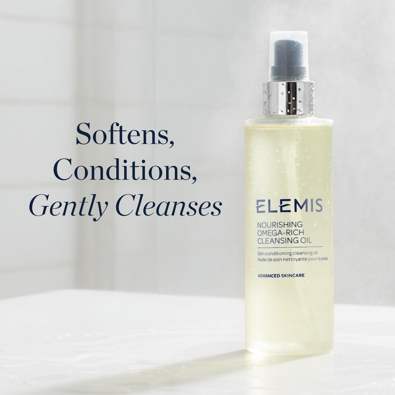 ELEMIS Nourishing Omega-Rich Cleansing Oil bottle, skin conditioning facial oil with a pump dispenser, 6.5 fl oz.