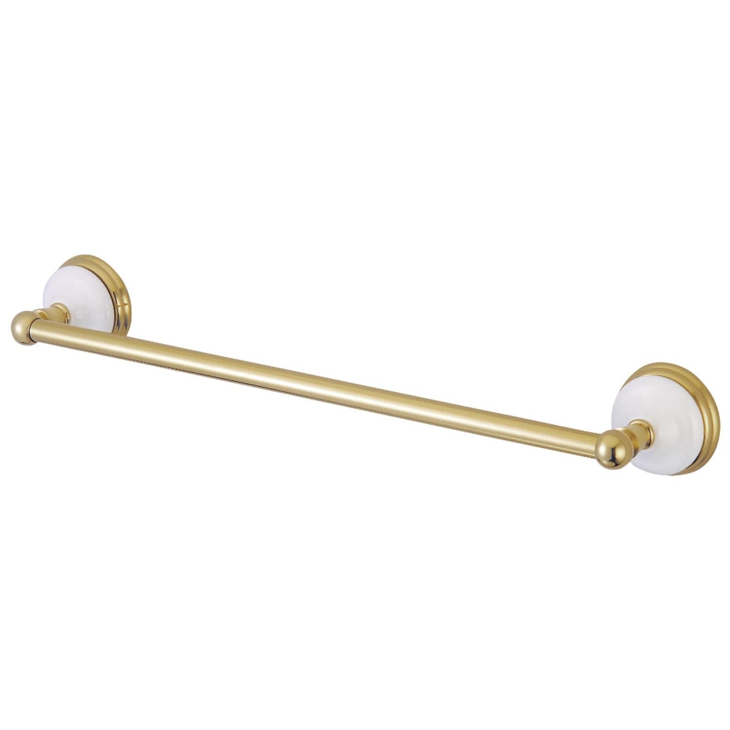 Kingston Brass Victorian 18-inch polished brass towel bar mounted on bathroom wall with decorative finials.