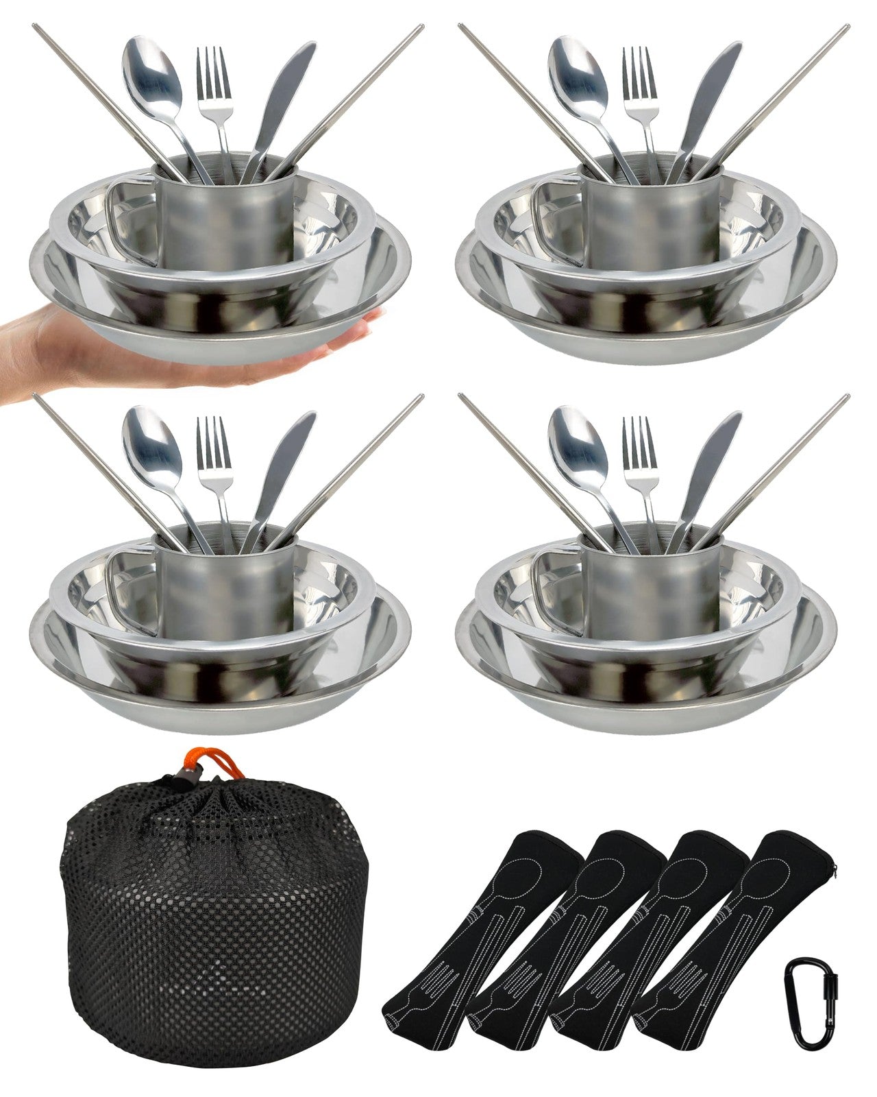 Fortitude21 four-person camping mess kit with utensils and kitchen set for outdoor picnics and camping trips.
