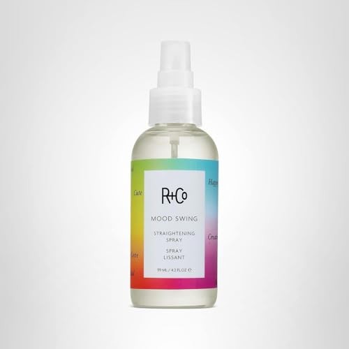 R+Co Mood Swing Straightening Spray 124ml bottle showing the sleek packaging and spray nozzle, designed for smoothing hair.