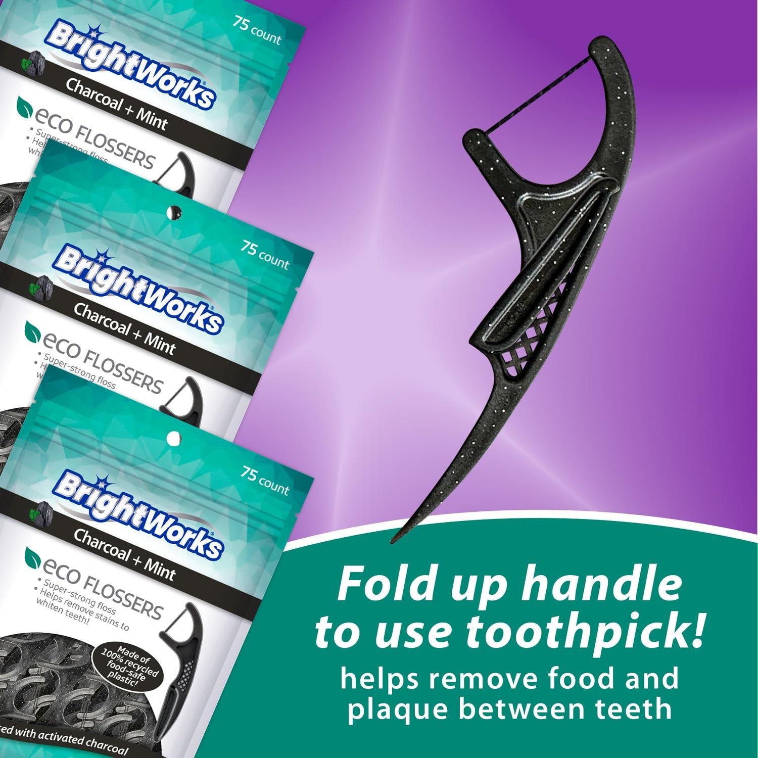 BrightWorks ECO sustainable dental floss picks, 225 count, PFAS-free, made in the USA, with white handles and floss.