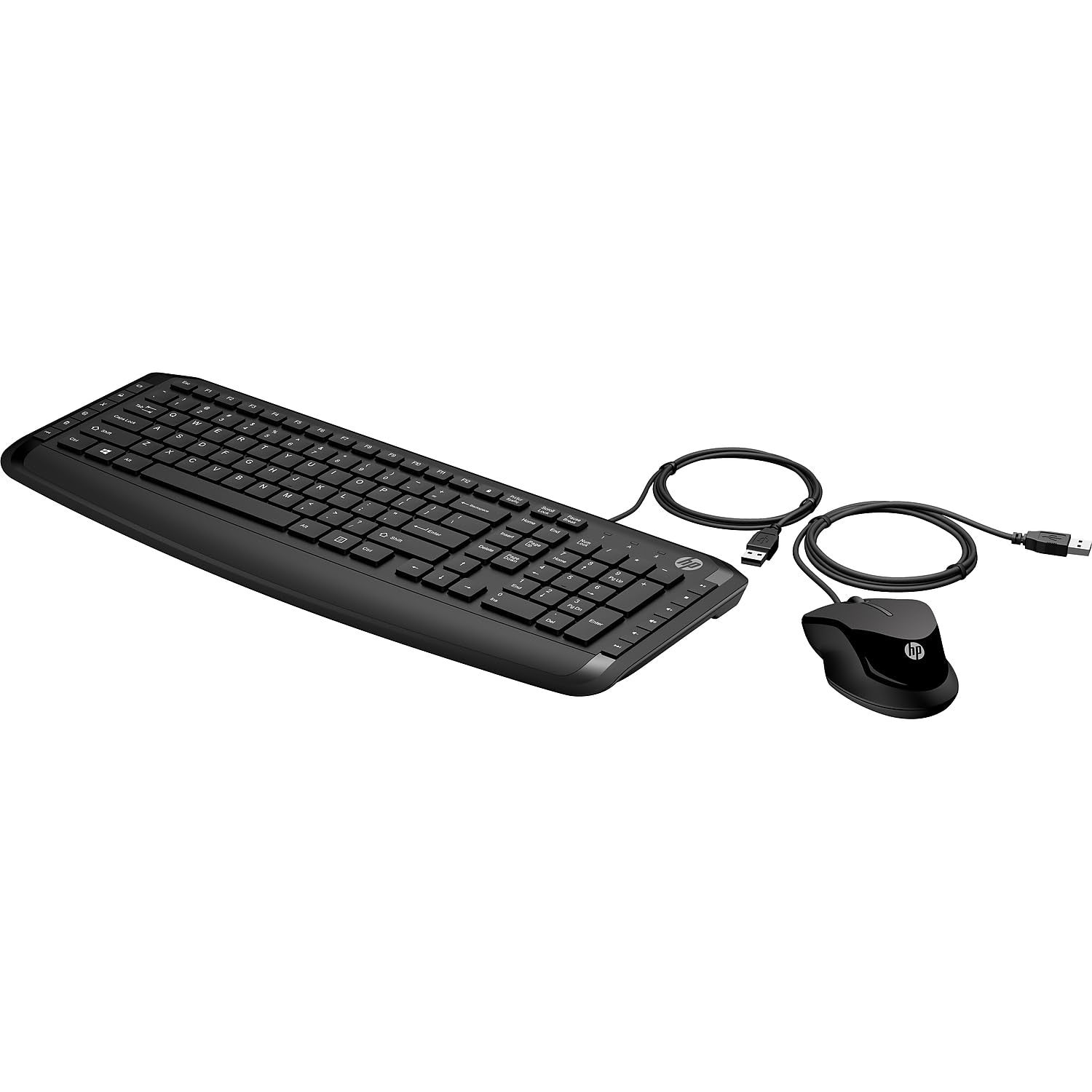 HP Pavilion wired keyboard and mouse set in black, featuring USB-A plug-and-play connectivity and full-size design.