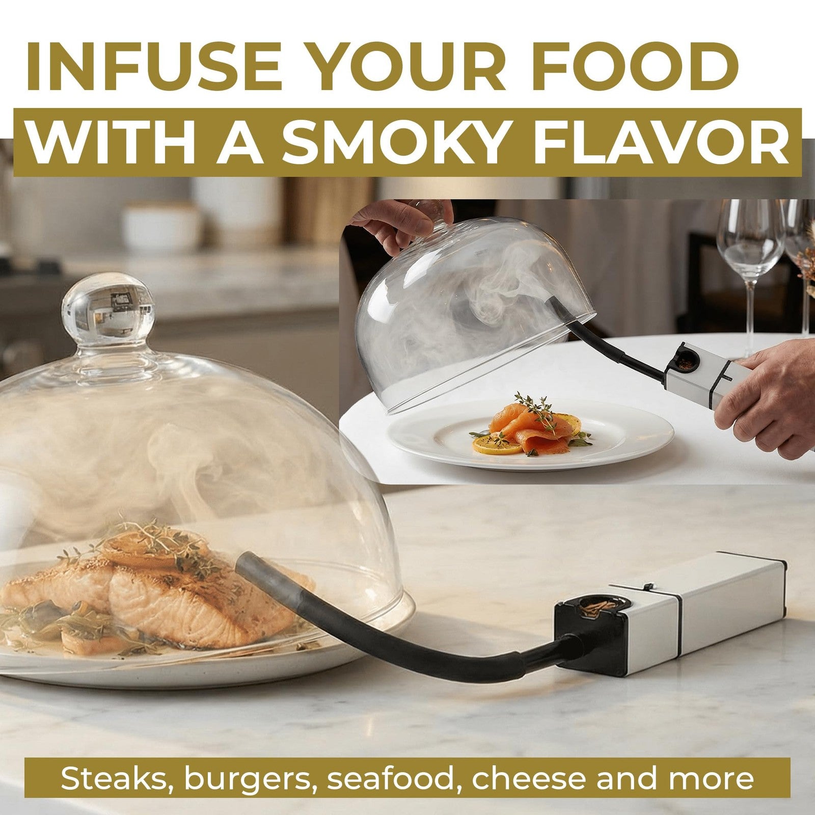 Gramercy Kitchen Company cocktail smoker kit with wood chips, indoor drink and food infuser for creating smoky flavors at home.