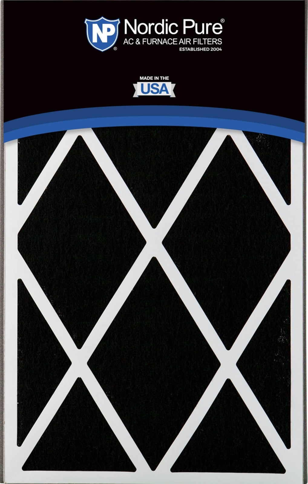 Unbranded Nordic Pure 16x25x3 MERV 15 Plus carbon air filter showing the actual size and pleated design.
