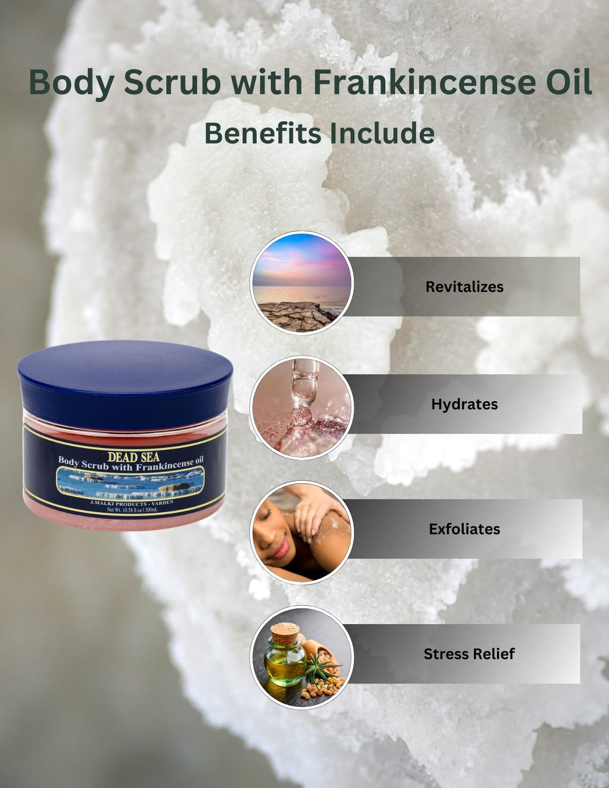 Salt body scrub with frankincense from J. Malki Products, featuring textured salt and natural ingredients in a clear jar.