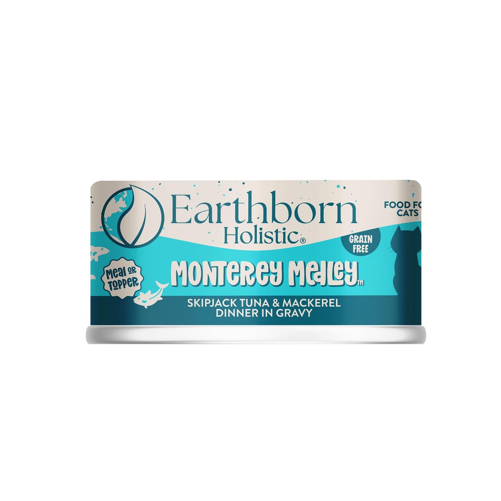 Earthborn Holistic Monterey Medley wet cat food with skipjack tuna and grilled mackerel in a bowl, showcasing the seafood dinner.