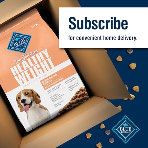 Blue Buffalo True Solutions weight control dry dog food for adult dogs, natural formula with blue packaging and kibble pieces.