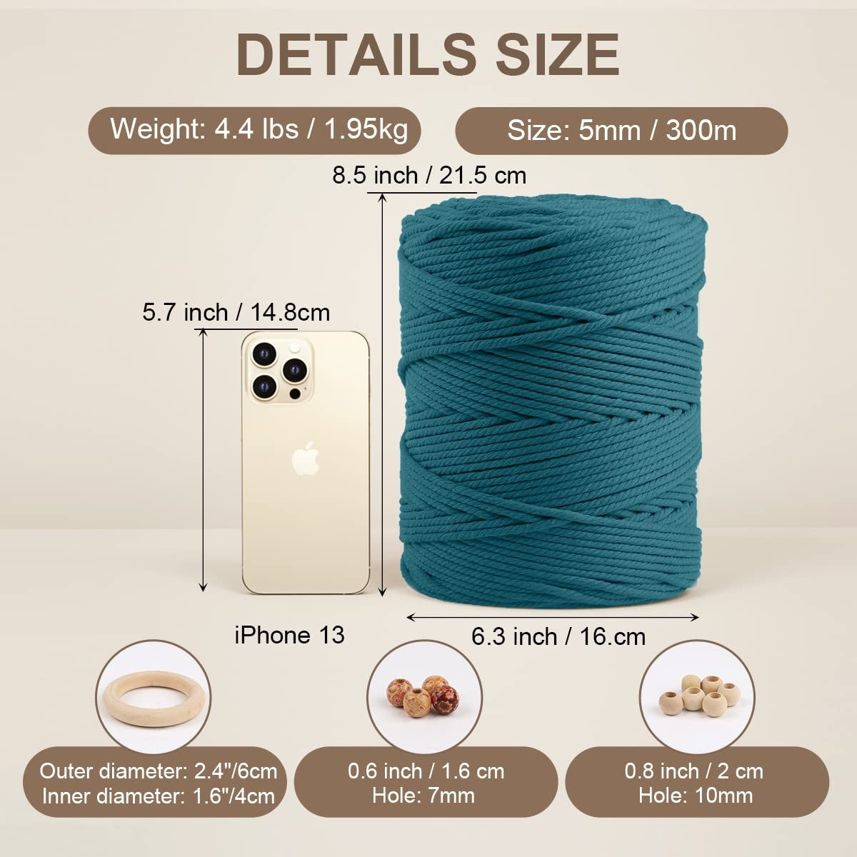 Natural handmade macrame cotton cord in peacock blue, 5mm thick, 328 yards braided for craft and decorative projects.