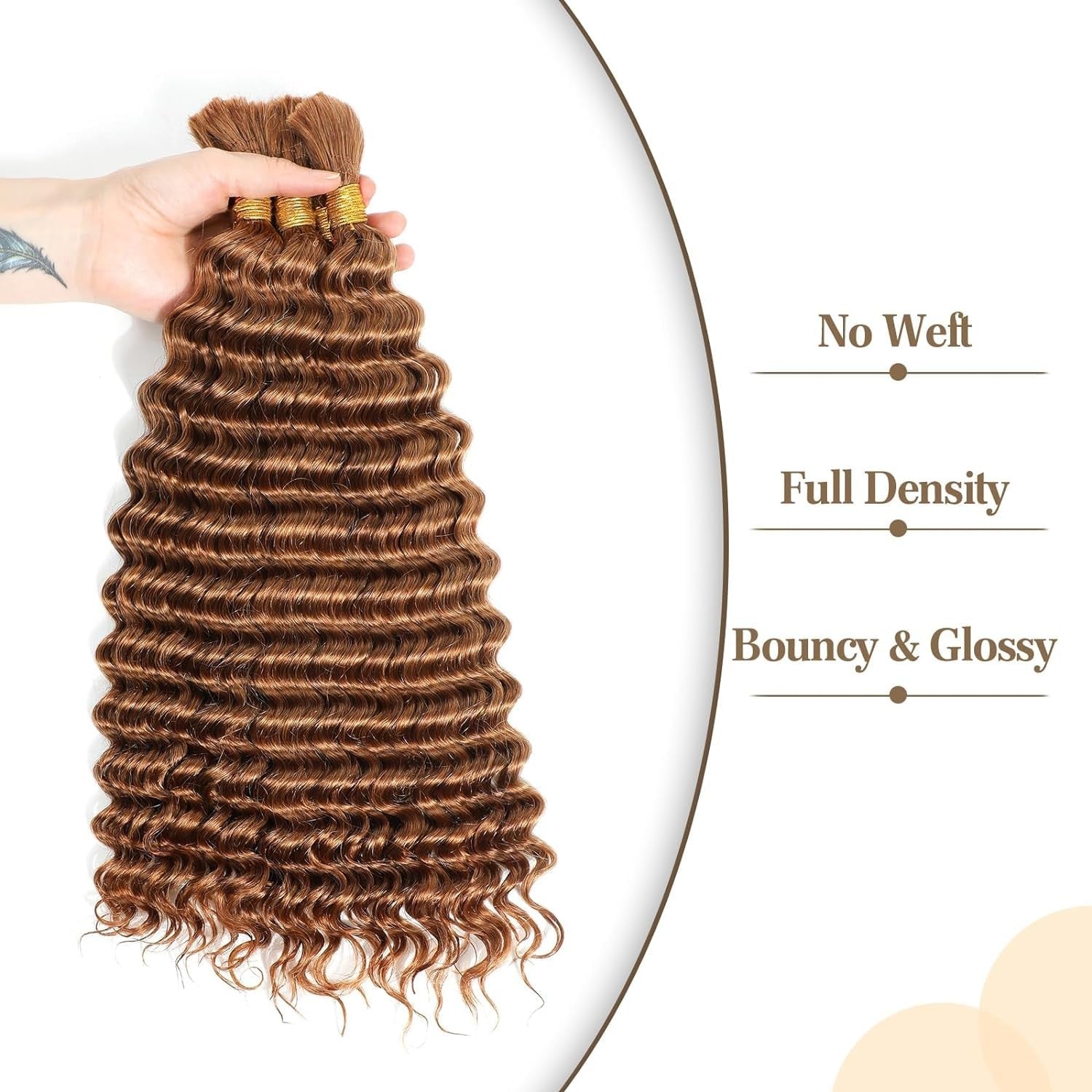 Leruikair Color 30 dark brown deep wave bulk human braiding hair bundle, 50g, with textured, wavy hair strands.