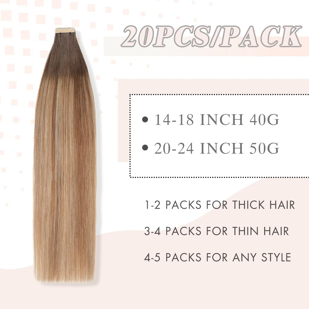 OBHD human tape-in hair extensions in chestnut brown to light blonde, showcasing mixed light blonde shades and natural shine.