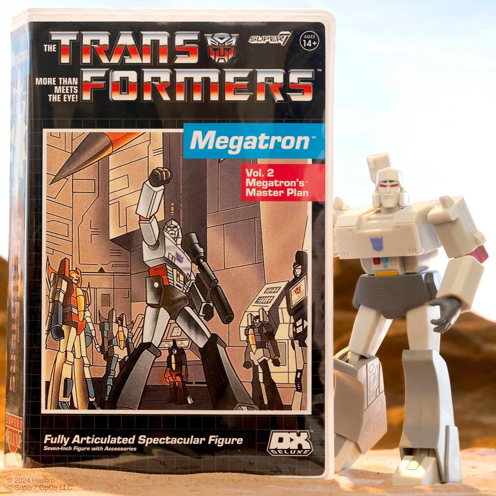 Super7 Transformers Deluxe Megatron action figure in VHS packaging, 7-inch robot toy with detailed robot and vehicle modes.